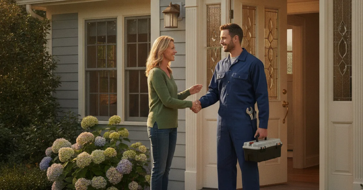 A plumber in plain navy workwear greeting a homeowner at the front door of a house