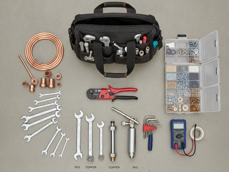 A clean, organized plumbing tool bag and equipment laid out neatly