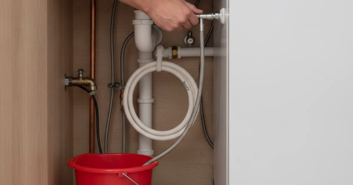 A dishwasher being connected to a water supply line under a kitchen sink