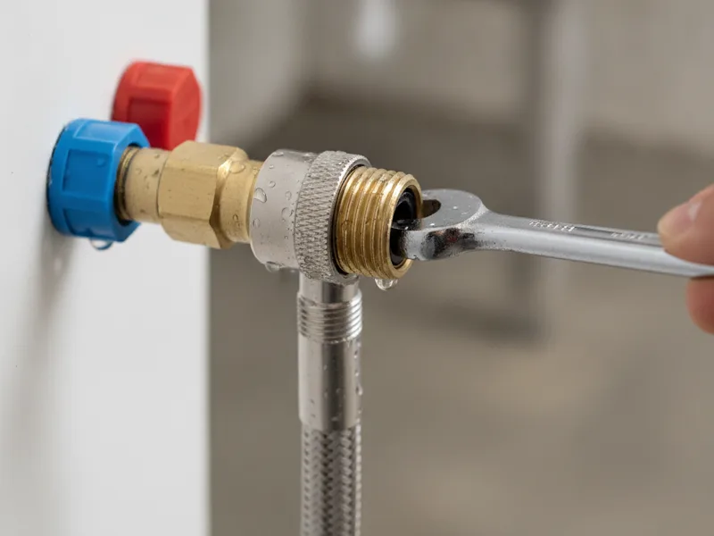 Close-up of a washing machine water supply hose connection