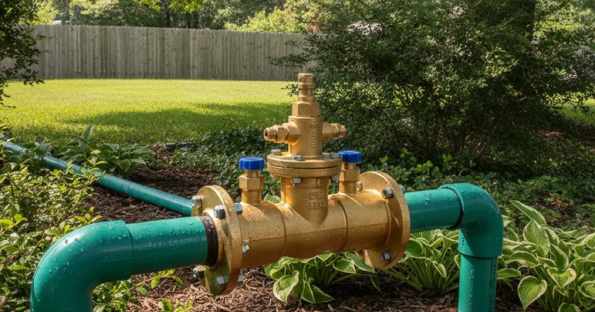 A backflow prevention device installed on an outdoor irrigation line