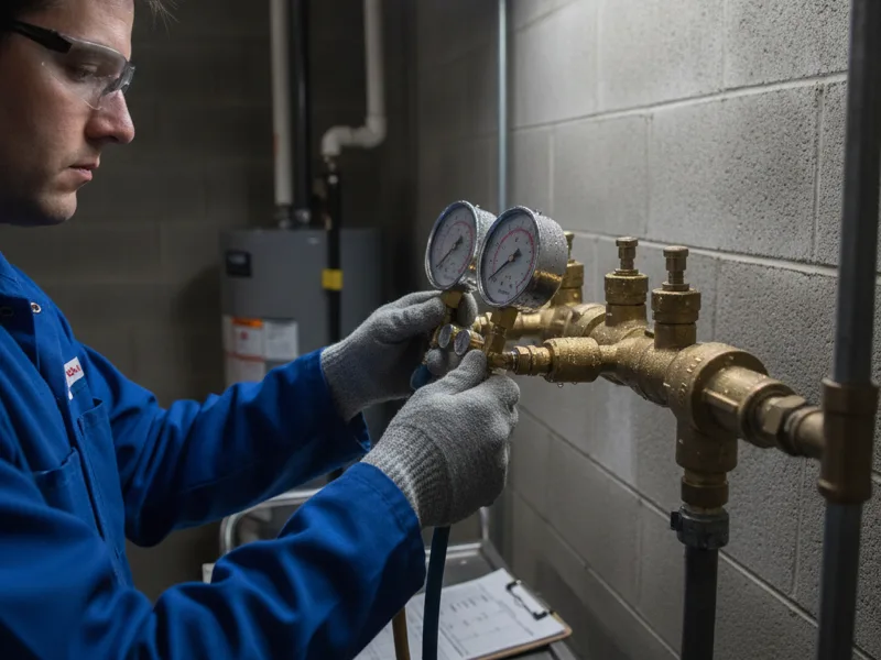 Close-up of a technician testing a backflow preventer with pressure gauges