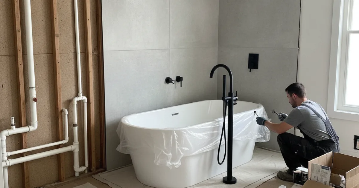 A partially renovated modern bathroom with new plumbing fixtures being installed during a remodel