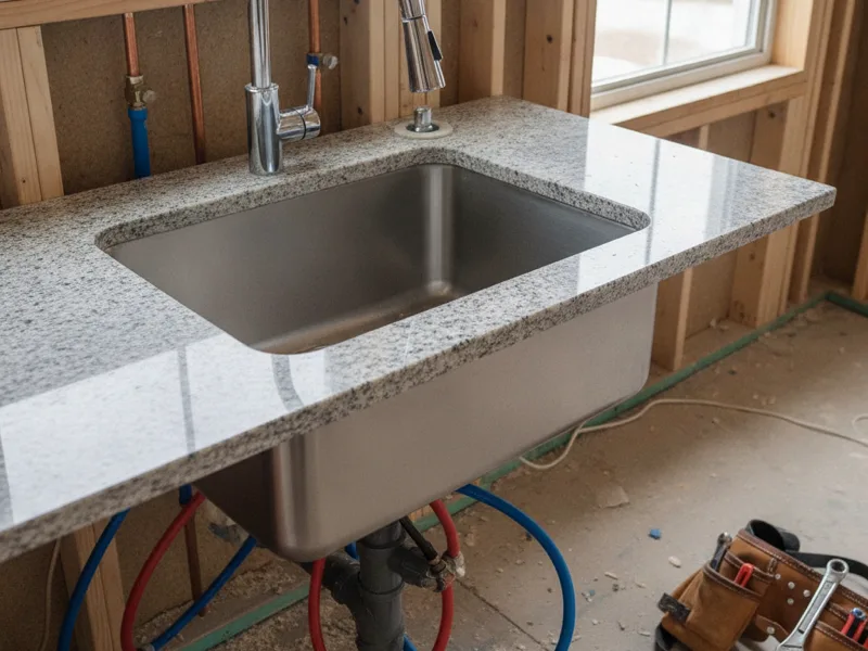 A kitchen sink and faucet being installed as part of a plumbing rough-in