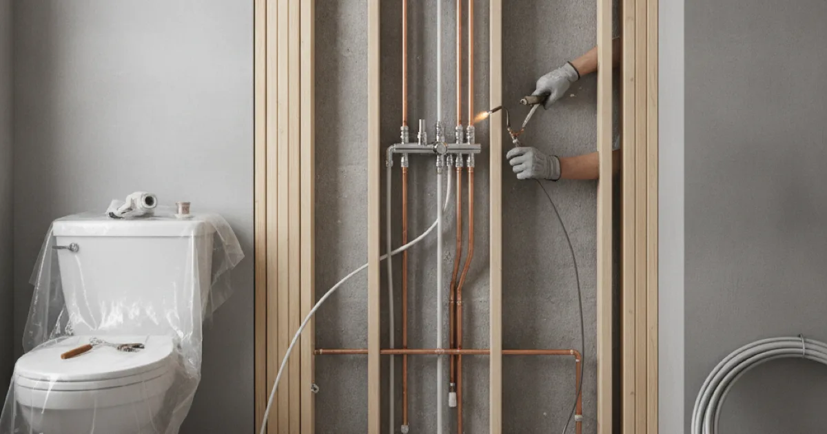 A bathroom mid-renovation with exposed plumbing pipes and a new shower valve being installed