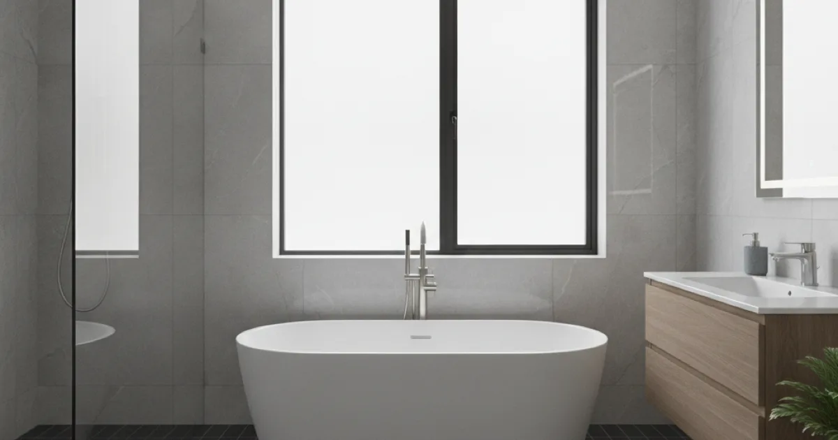 A new bathtub installed in a renovated, modern bathroom
