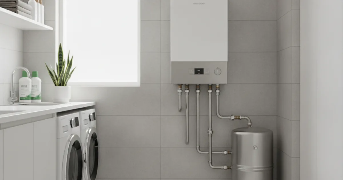 A modern boiler unit installed in a clean residential utility room