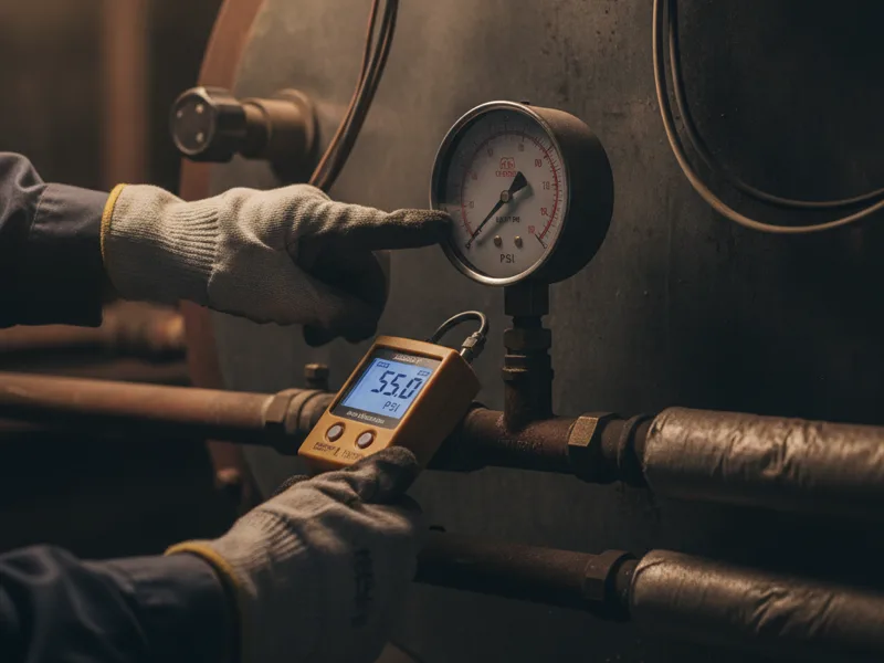 Close-up of a technician checking a boiler's pressure gauge