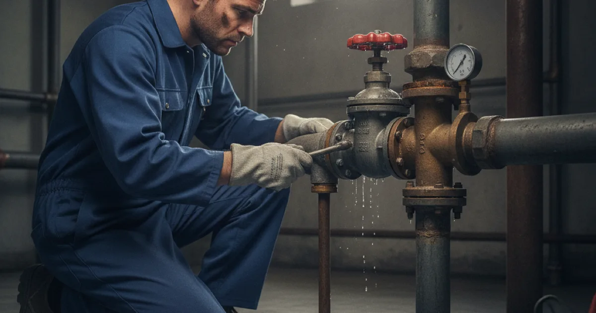 A technician repairing a pipe with the water supply shut off