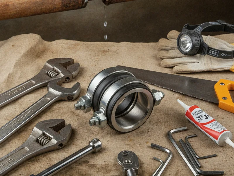 A pipe repair coupling and tools laid out ready for an emergency repair