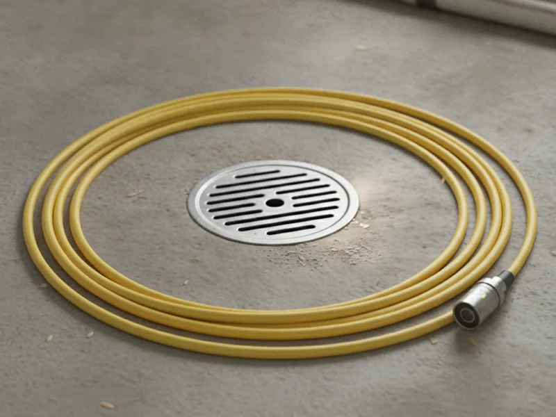 Plumbing inspection camera cable coiled neatly next to a drain opening