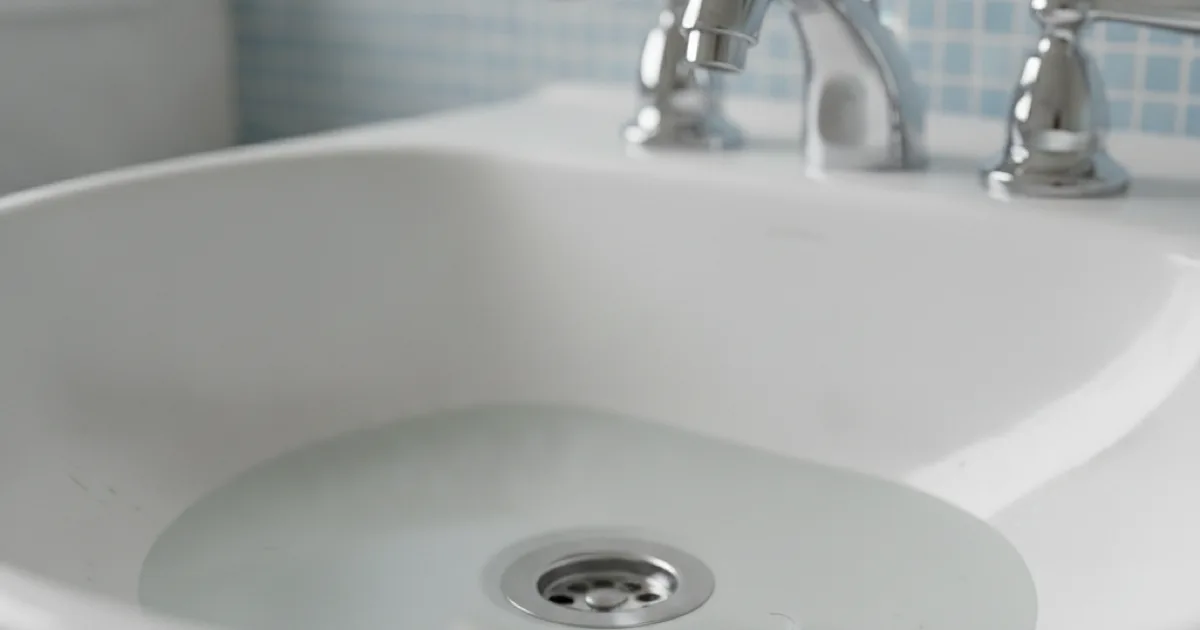 Bathroom sink with a small amount of standing water indicating a slow drain