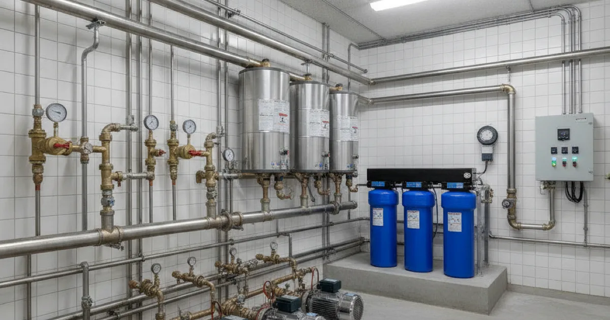 A clean commercial building utility area with professional-grade plumbing equipment