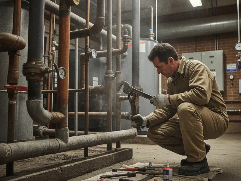 A technician working on commercial-grade plumbing pipes
