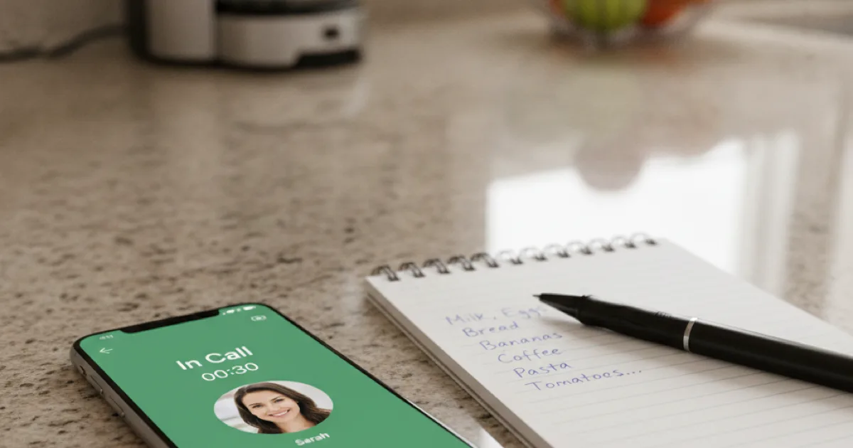 A smartphone showing an active call next to a notepad and pen on a kitchen counter