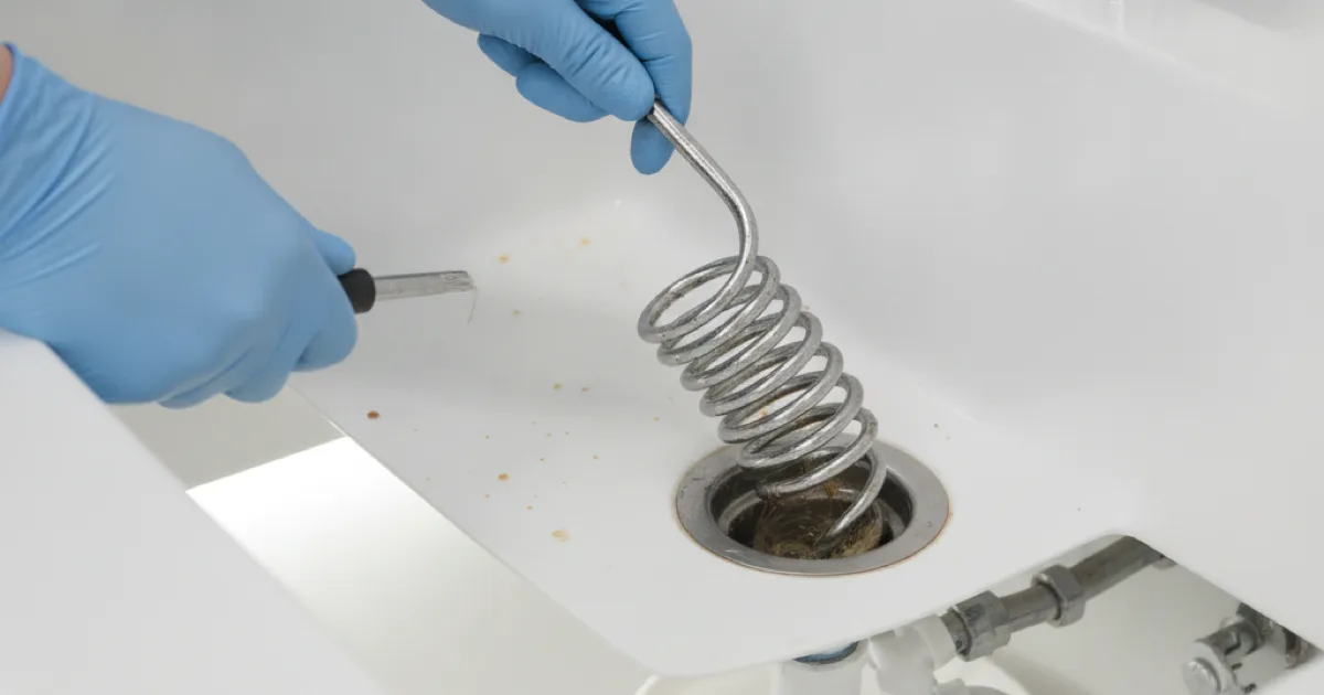Technician's gloved hands clearing a kitchen sink drain with a hand tool
