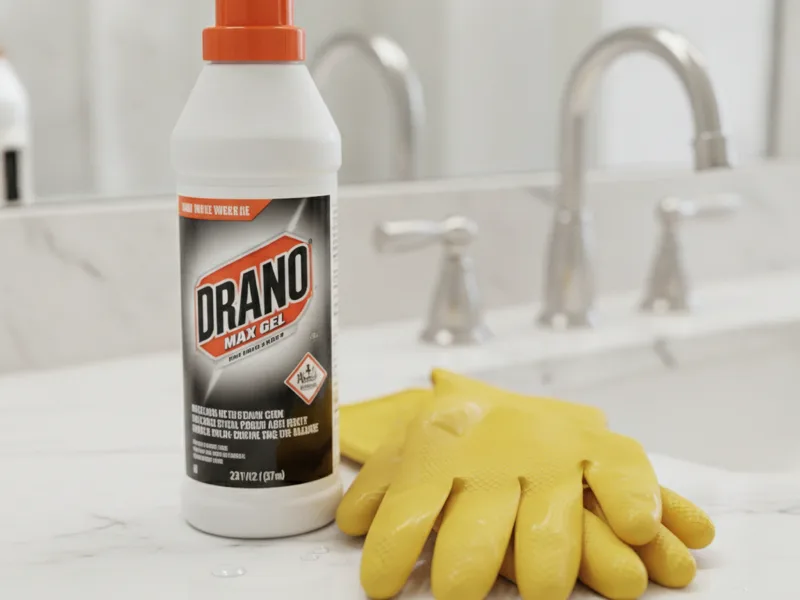 Bottle of drain cleaner and rubber work gloves on a bathroom counter