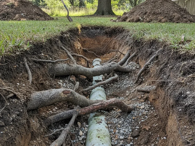 Tree roots visible near an underground pipe in an excavated section of yard