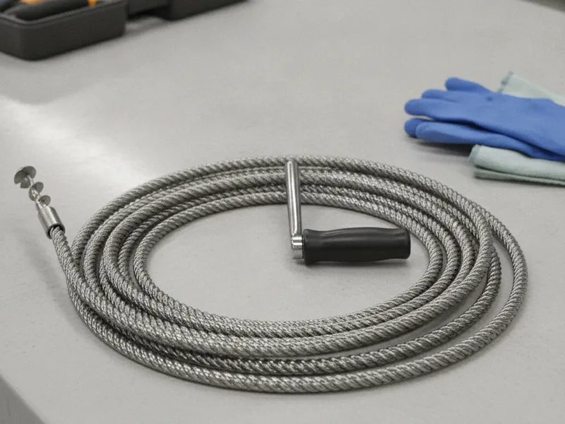 Plumber's drain snake auger tool neatly coiled on a clean work surface