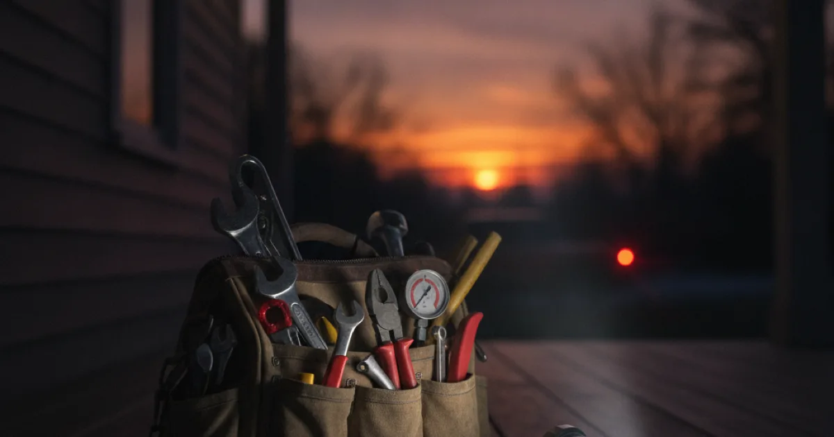 A plumber's tool bag and flashlight on a porch at dusk, symbolizing fast emergency response