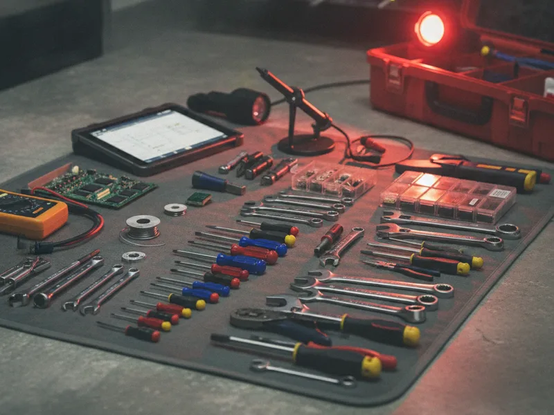 A technician's tools laid out and organized, ready for an emergency repair