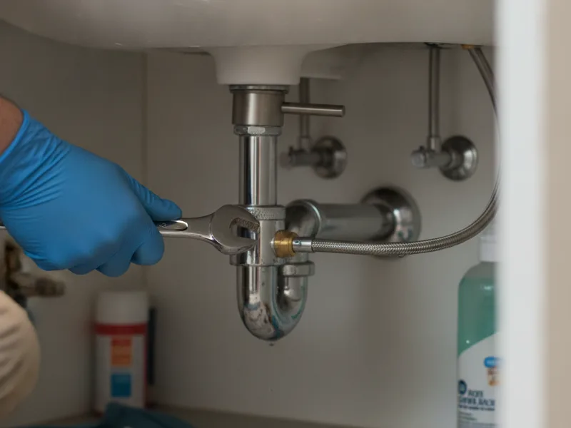 A hand installing a bathroom faucet, close-up