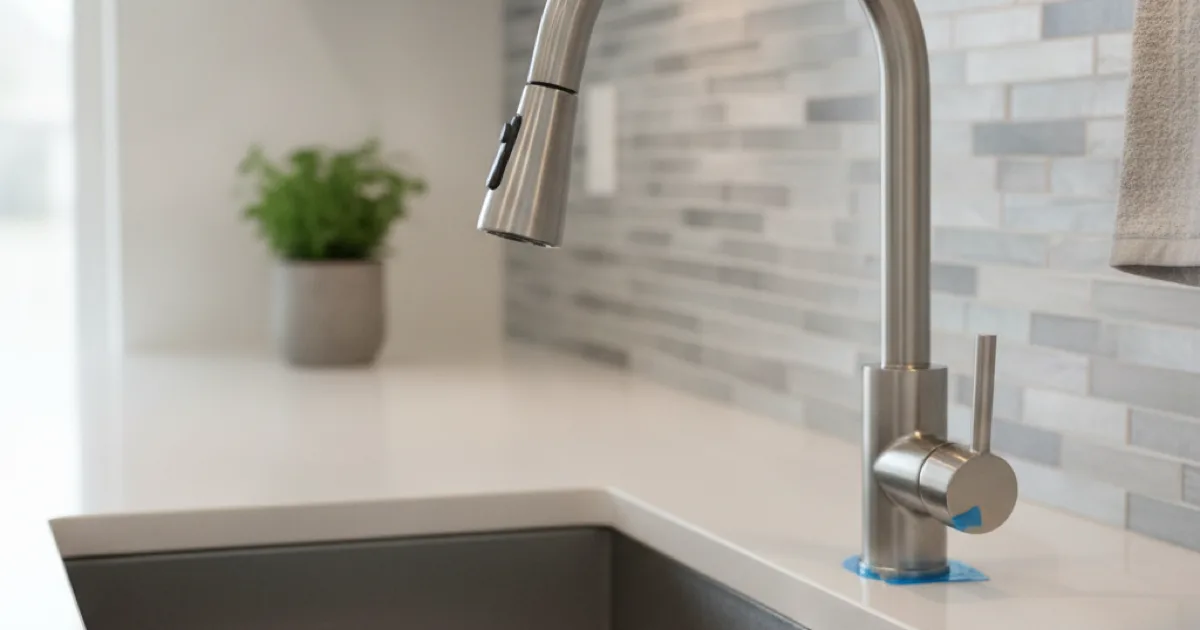 A modern kitchen faucet freshly installed over a stainless steel sink