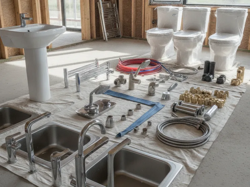 An assortment of new plumbing fixtures laid out ready for installation