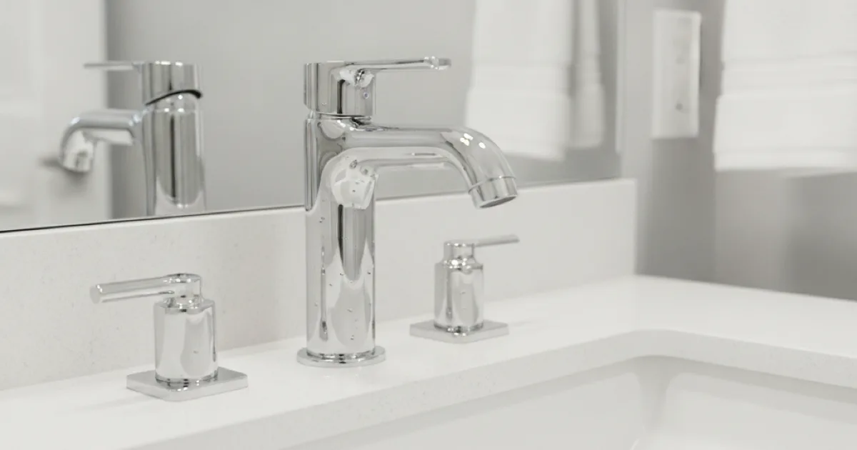 A modern bathroom faucet and fixtures freshly replaced with a clean chrome finish