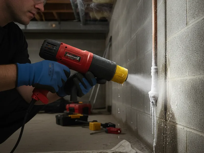 A technician using a heat gun to carefully thaw a frozen pipe