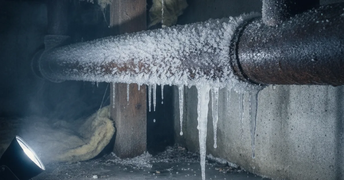 A frost-covered exposed pipe in a crawlspace, illustrating a winter plumbing issue