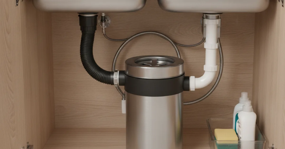 A garbage disposal unit installed under a kitchen sink