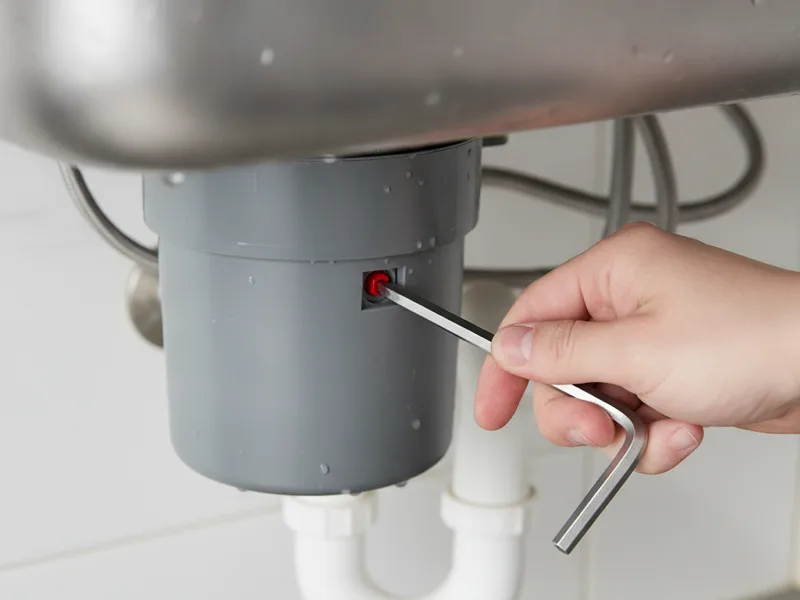 A hand using an Allen wrench on a garbage disposal reset port
