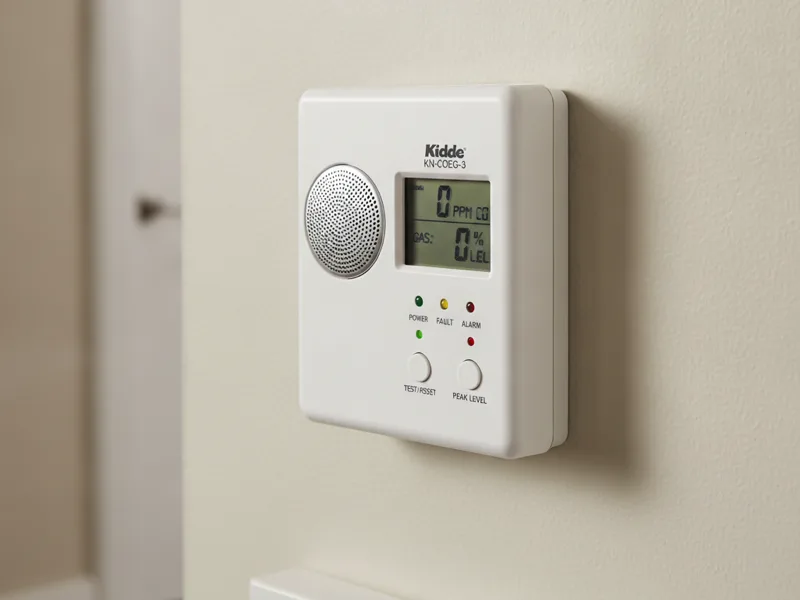 Carbon monoxide and gas detector mounted on an interior wall