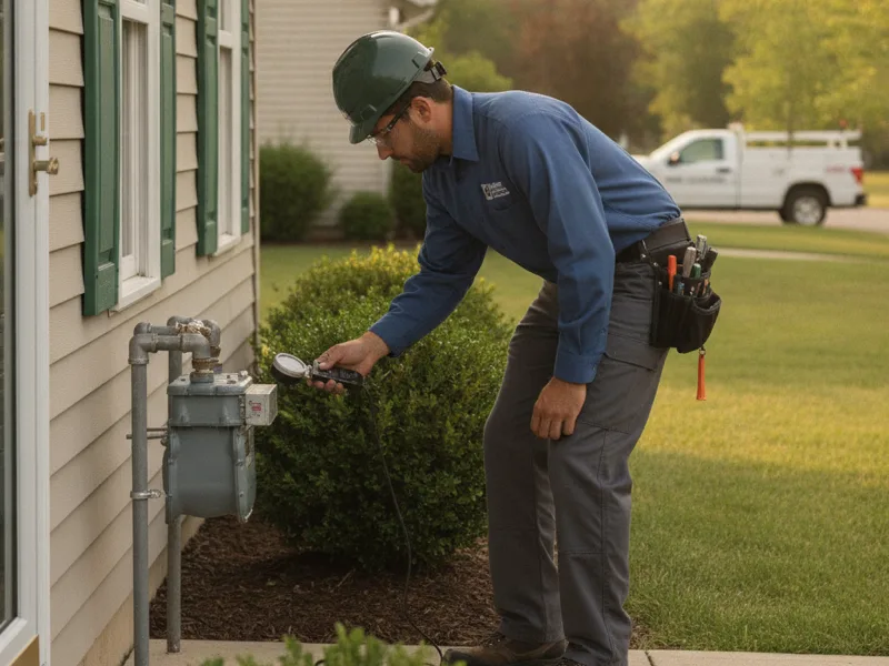 Technician checking a residential gas meter outside a home