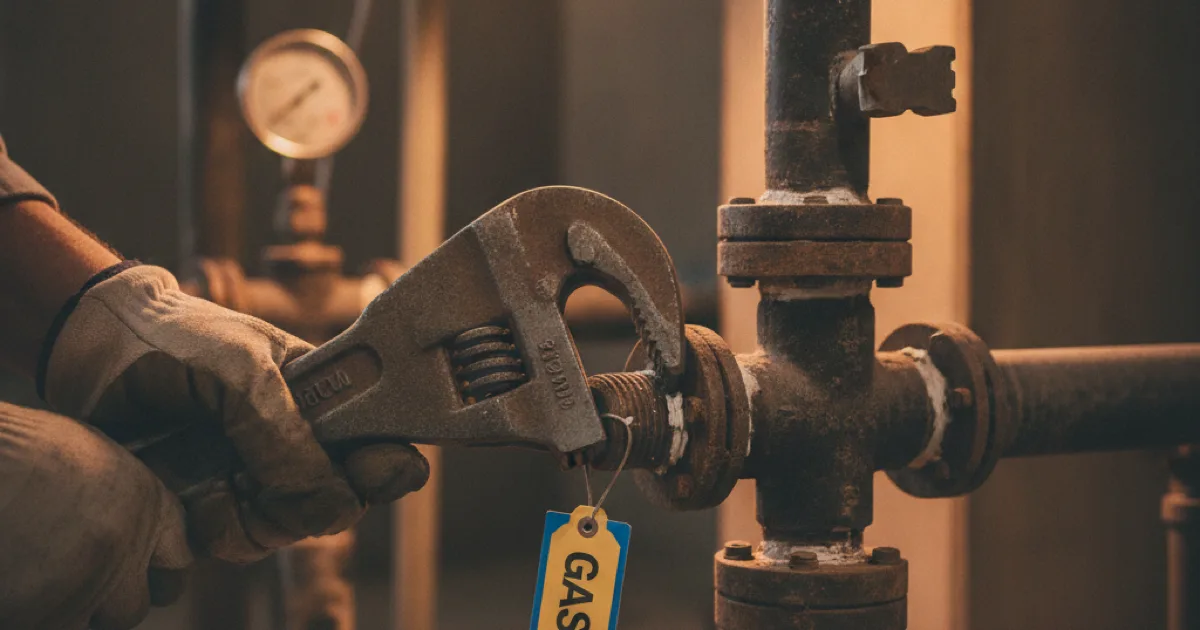Close-up of a gas pipe connection being checked with a wrench