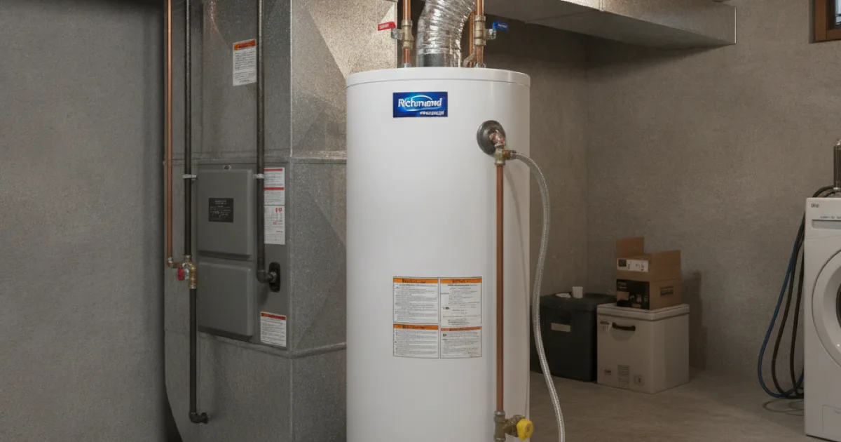New gas water heater tank freshly installed in a basement utility space