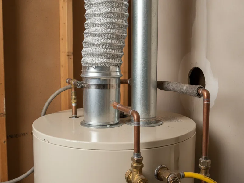 Close-up of gas water heater venting pipe and connections