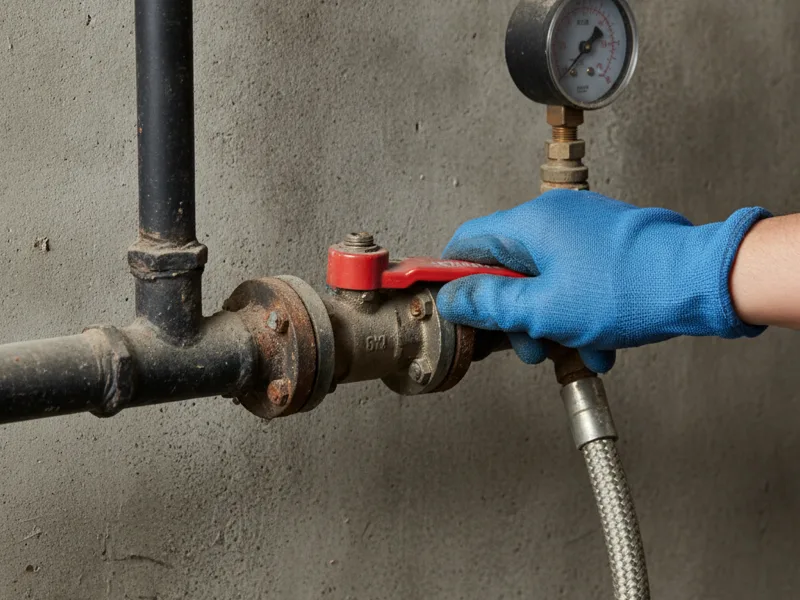 Gloved hand adjusting a gas shutoff valve