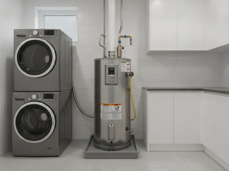 Modern gas water heater unit installed in a clean utility room