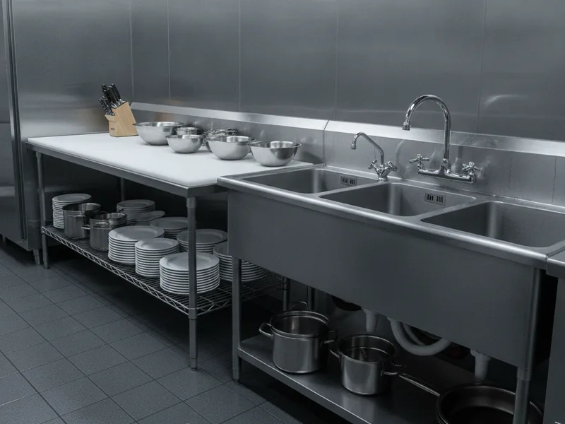 Clean, organized stainless steel commercial kitchen sink and prep area