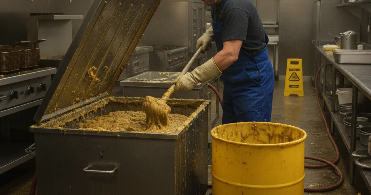 Commercial kitchen grease trap being serviced by a technician
