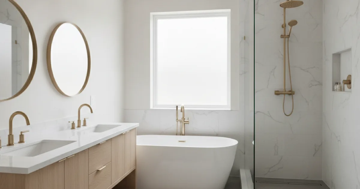 Newly renovated modern residential bathroom with new fixtures and tiled shower