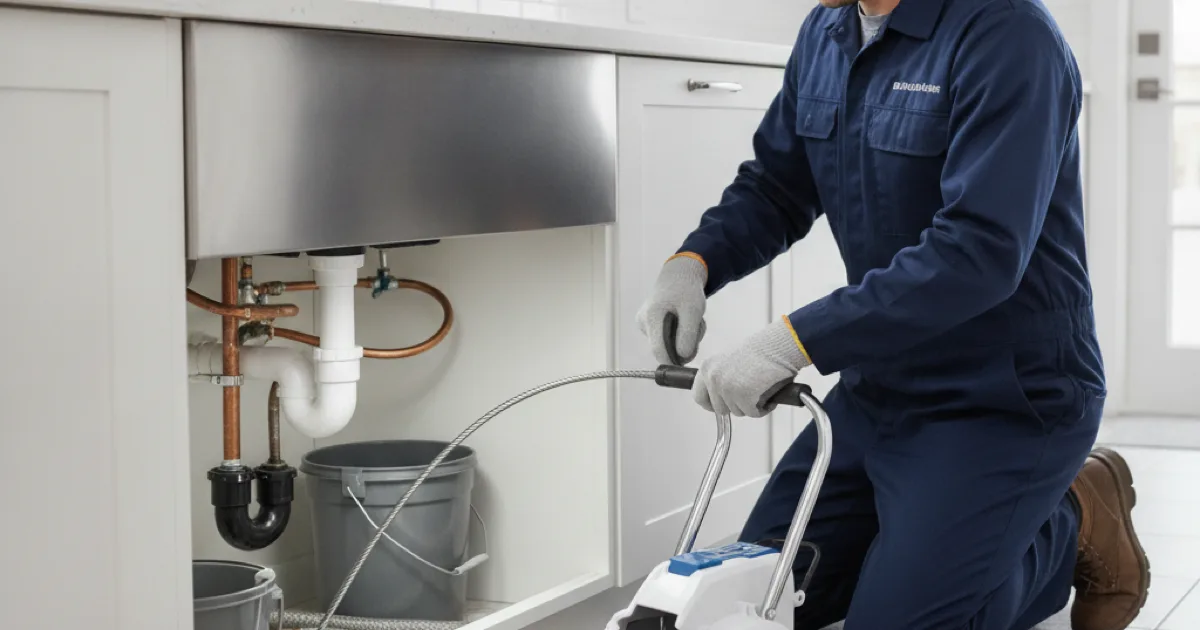 Plumber using a motorized auger to clear a clogged kitchen drain under a sink