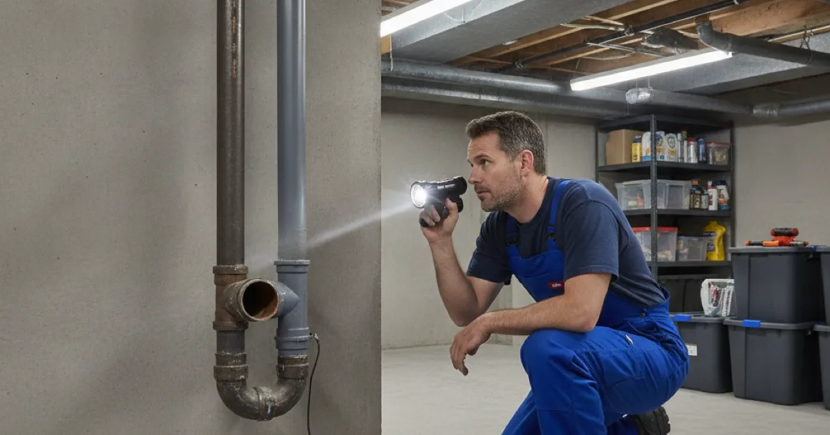 Plumber inspecting a residential main drain line in a clean basement