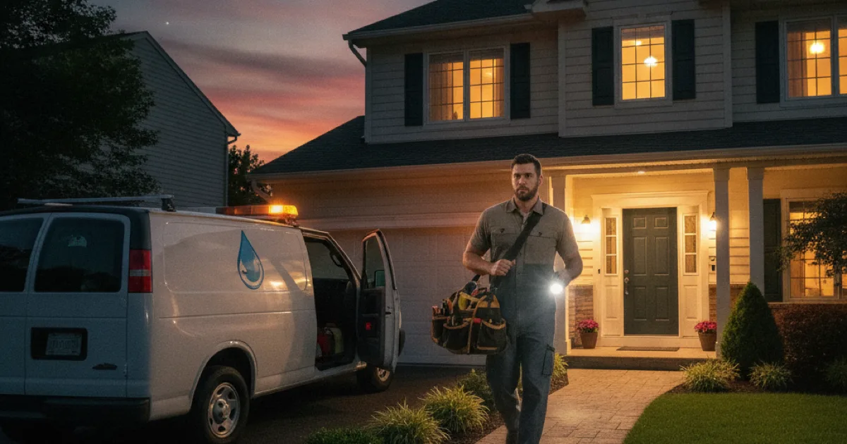 Plumber arriving at a suburban home at dusk with a tool bag for an emergency call