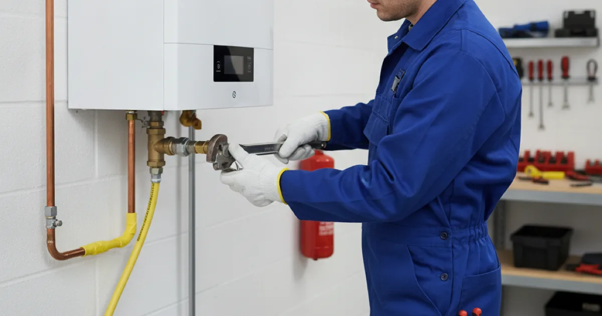 Plumber connecting a residential gas line to a boiler with a pipe wrench