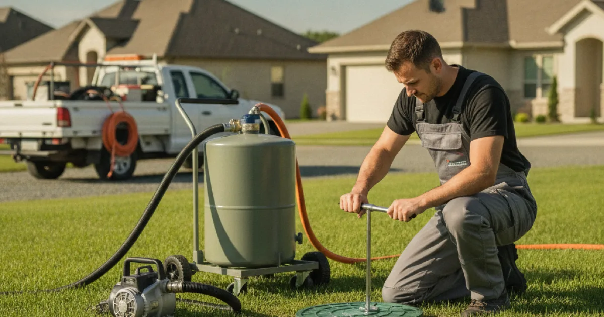 Plumber servicing a residential septic system access lid in a backyard