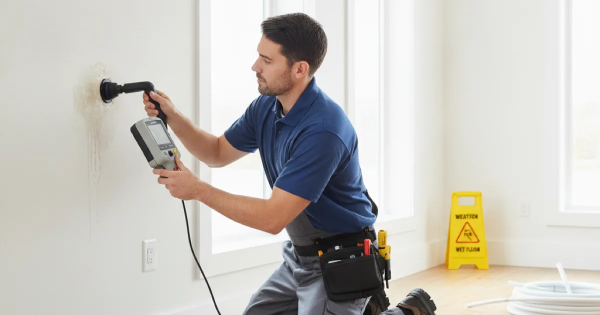 Plumber using electronic leak detection equipment near a wall in a home
