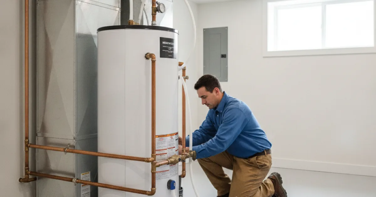 Plumber installing a new tank water heater in a clean residential basement